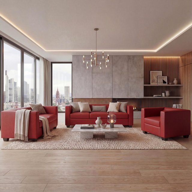 MCW 3-2-1 Sofagarnitur Lille aus Leder in Rot im Lounge-Stil - Bild 1