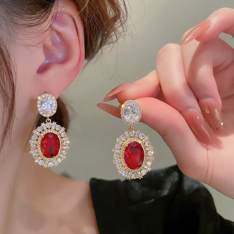 Huitan Ohrringe, rote Zirkonia, Gold, Damen - Bild 2