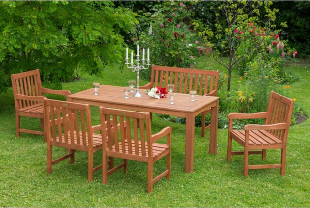 Merxx Gartenmöbel-Set Santos 6-tlg. aus Eukalyptusholz in Braun, bestehend aus Tisch, 2-Sitzer Bank und 4 Sesseln, Tisch B: 170 cm, T: 90 cm, H: 90 cm - Bild 1