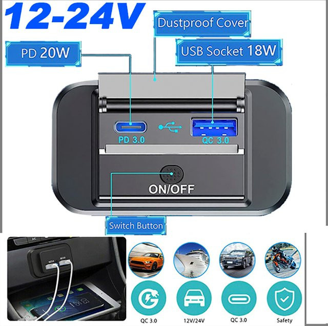 Kebidumei Dual USB PD Typ C Schnellladegerät mit QC3.0 Netzteil und Ein/Aus-Taste für Auto, Boot und RV, Schwarz - Bild 1