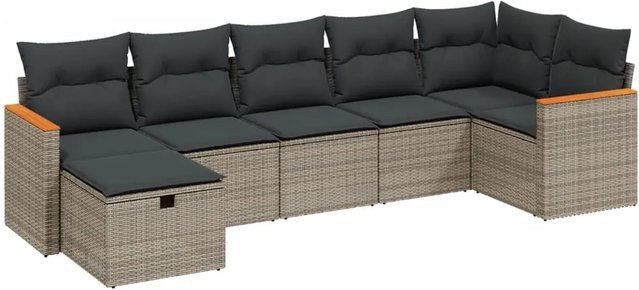 vidaXL 7-tlg. Garten-Sofagarnitur aus Poly Rattan in Grau mit Kissen und Ottoman, L-Form - Bild 1