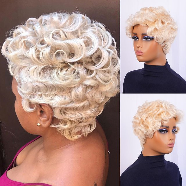 OYM HAIR Perücke, Echthaar, Pixie-Schnitt, honigblond, Damen - Bild 1