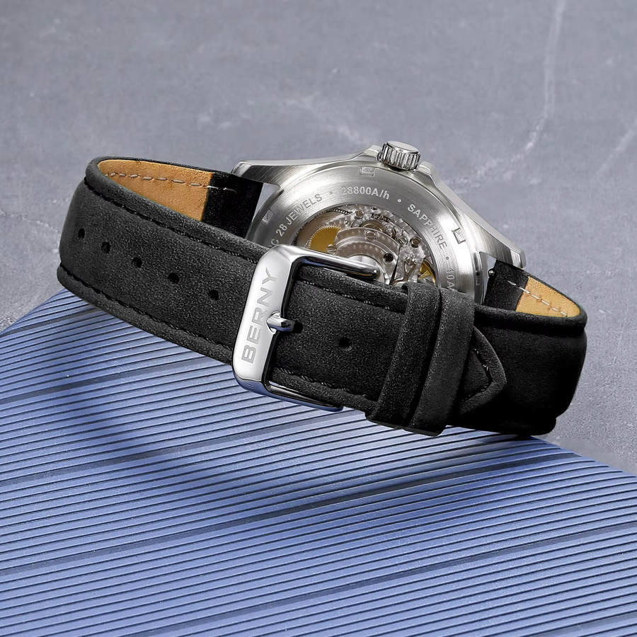 BERNY Armbanduhr Automatik, Edelstahl, Leder, Schwarz, Herren - Bild 5