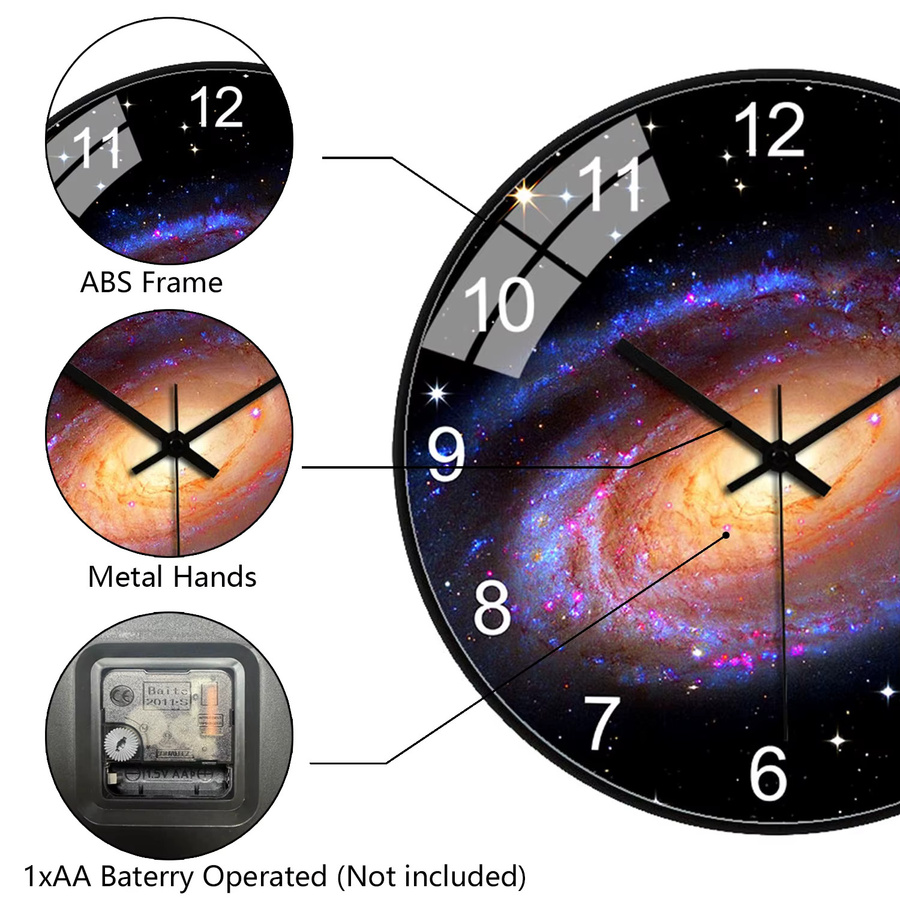 Geräuslose runde Wanduhr von p.chuang im abstrakten Galaxie-Design mit Sternen-Motiv, analoge Quartz-Uhr in Bunt und Schwarz für dein Wohnzimmer oder Schlafzimmer - Bild 4
