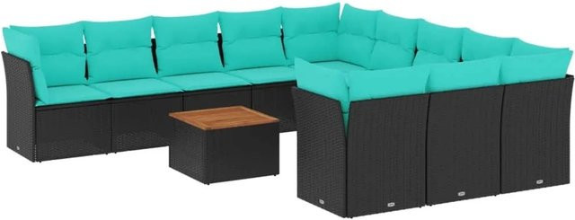 vidaXL 12-teilige Garten-Sofagarnitur in L-Form aus Polyrattan und Akazienholz mit Kissen in Schwarz - Bild 1