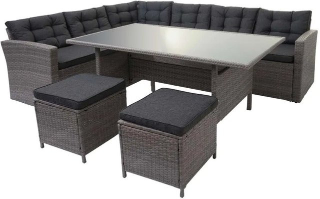 MCW Poly-Rattan-Garnitur A29 Lounge-Esstisch-Set in Grau mit Sofa, Kissen und 2 Hockern - Bild 2