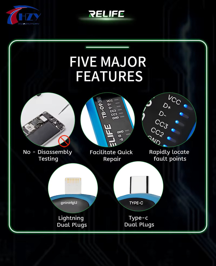 RELIFE TB-09 SE Handy-Ladeanschluss-Tester mit Blitz- und Typ-C-Schnittstelle, Dual-Stecker und automatischer Fehlererkennung in Blau - Bild 4
