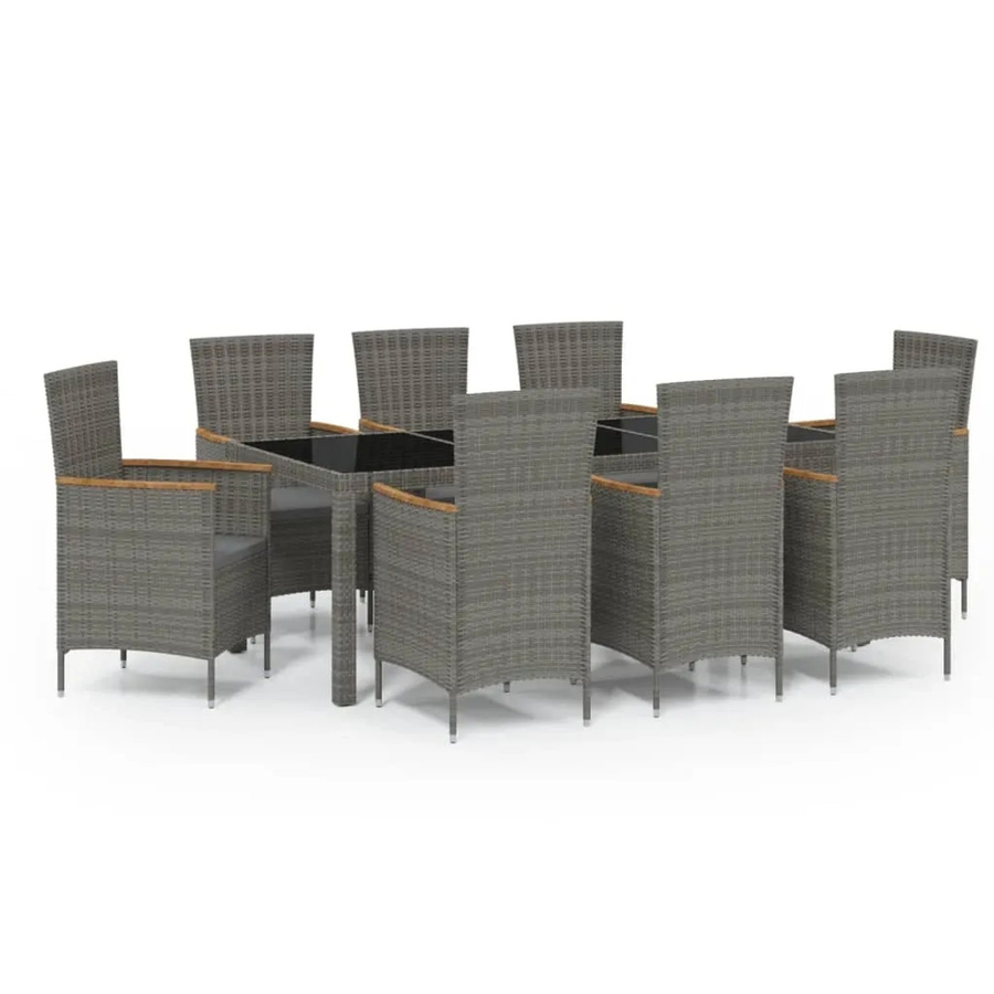 vidaXL 9-tlg Garten-Essgruppe aus Poly Rattan mit Kissen und Hartglasplatte in Grau - Bild 2
