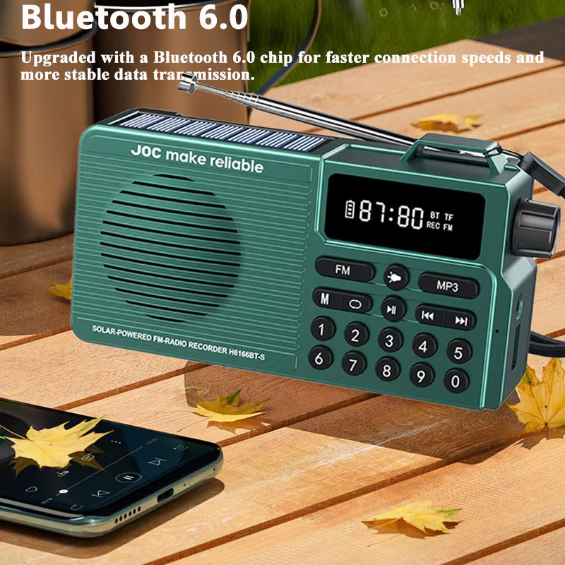 JINSERTA Mini-Notfallradio mit Solar-Ladefunktion, Bluetooth-Lautsprecher und LED-Display, FM-Radio mit Taschenlampe, unterstützt TF und USB, in Grau oder Grün - Bild 2