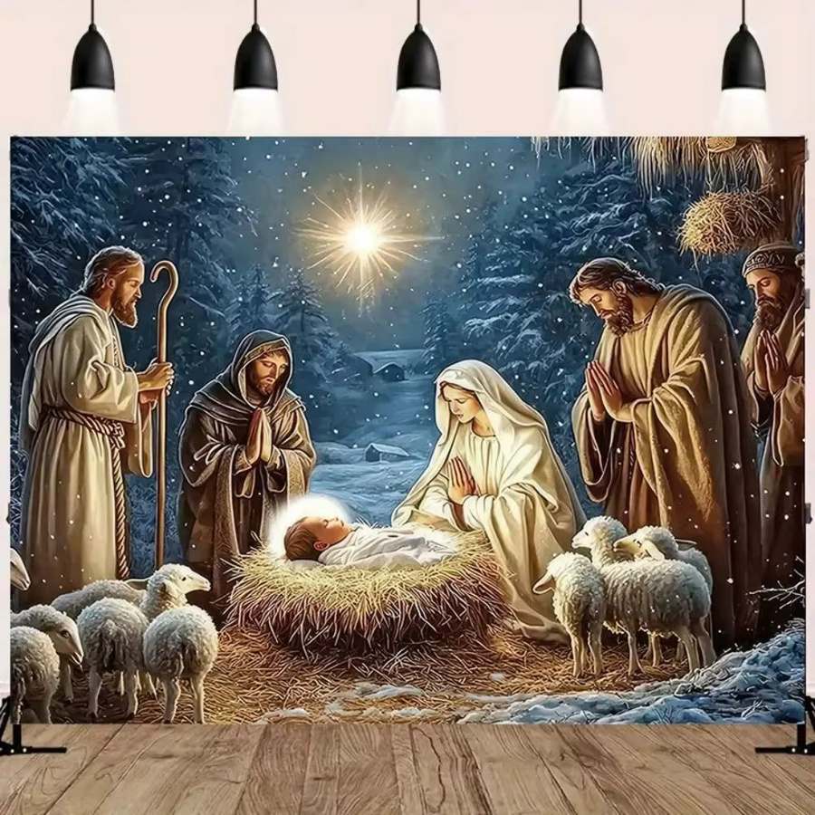 VIKAMA Religiöse Wandkunst Sternennacht Krippenszene als Leinwanddruck in Mehrfarbig - Bild 1