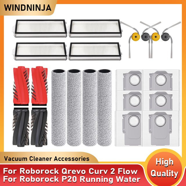 Roborock Zubehör-Set für Qrevo Curv 2 Flow Saugroboter P20 mit Hauptbürste, Seitenbürste, HEPA-Filter, Rollenmopp und Staubbeuteln - Bild 1