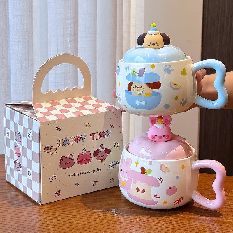 Keramiktasse mit Deckel Apfel Design für Mädchen in Blau oder Pink, 400 ml - Bild 3
