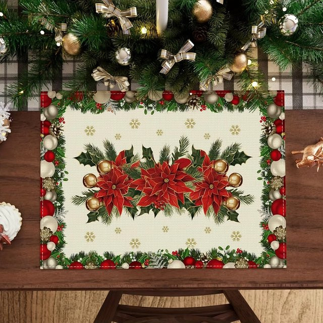 VIKAMA 4er Set dekorative Weihnachts-Tischsets mit floralem Design, wasserdicht und wärmeisolierend, rechteckig, Multicolour, B: 40,0 cm, T: 30,0 cm - Bild 1