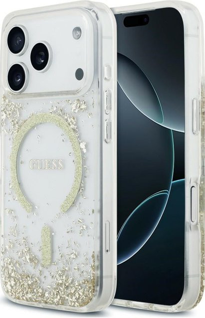 Guess MagSafe-Hülle für Apple iPhone 18 Pro und iPhone 17 Pro mit Resin Bottom Glitter in Gold und Transparent - Bild 1