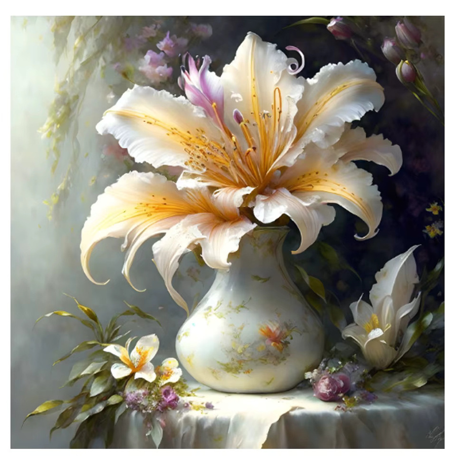 FANQING Diamantmalerei Lilien in der Vase als Mosaik-Bild mit Strass-Stickerei in Mehrfarbig, Durchmesser: 30 cm - Bild 3