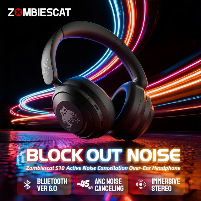 Zombies Cat S10 ANC Bluetooth 6.0 Over-Ear Kopfhörer mit 45 dB aktiver Geräuschunterdrückung in Schwarz - Bild 1