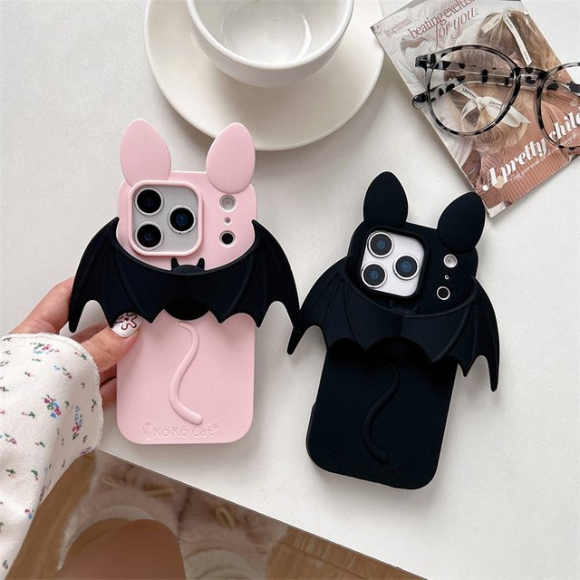 Silikon Soft Case mit Cartoon Fledermaus und Katzenohren für Apple iPhone 17 16 15 14 13 Pro Max in Pink - Bild 1