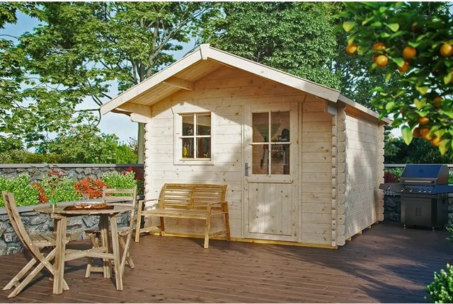 Skan Holz Gartenhaus Narvik in Blockbohlenbauweise mit Satteldach, Farbe: beige, B/H/T: 340 x 262 x 300 cm - Bild 1