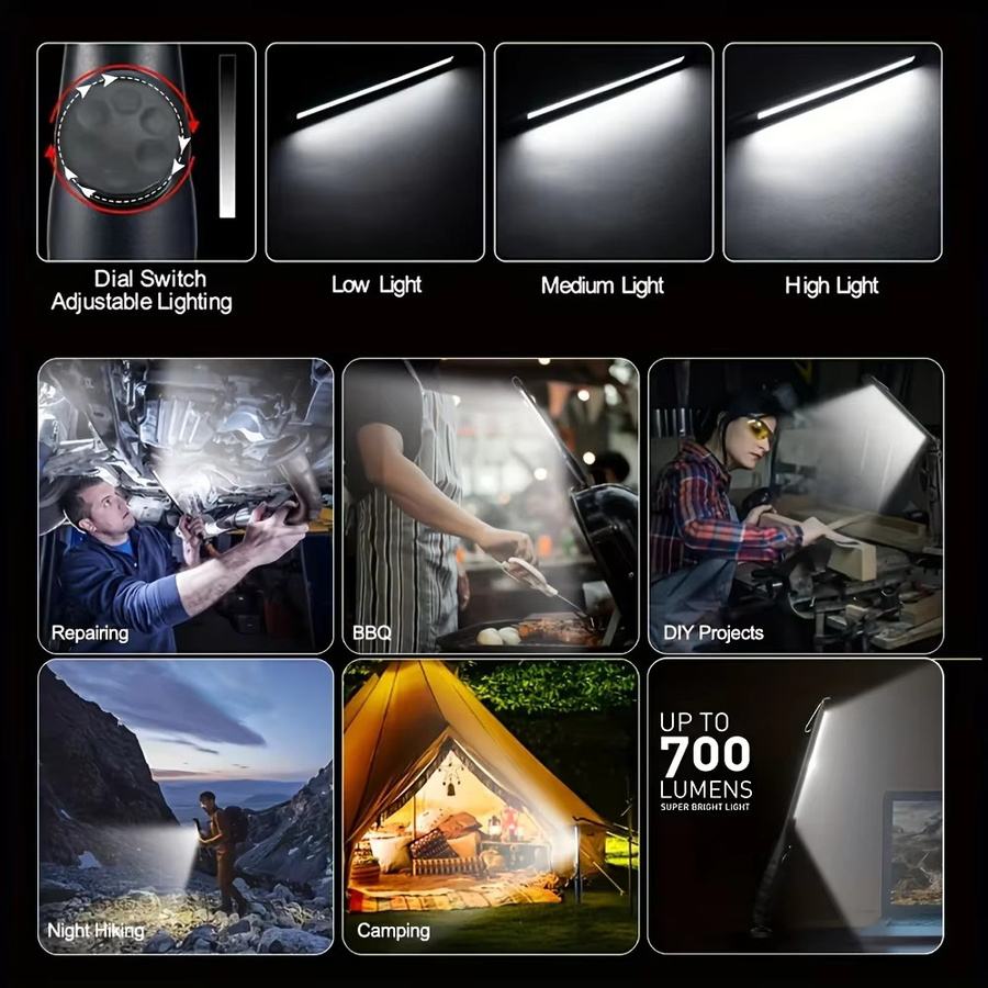 KDULIT Wiederaufladbare COB-Arbeitsleuchte in Schwarz mit 700 lm Helligkeit, dimmbarer LED-Arbeitslampe mit Magnetfuß und Haken für Autoreparatur, Inspektion und Camping - Bild 4