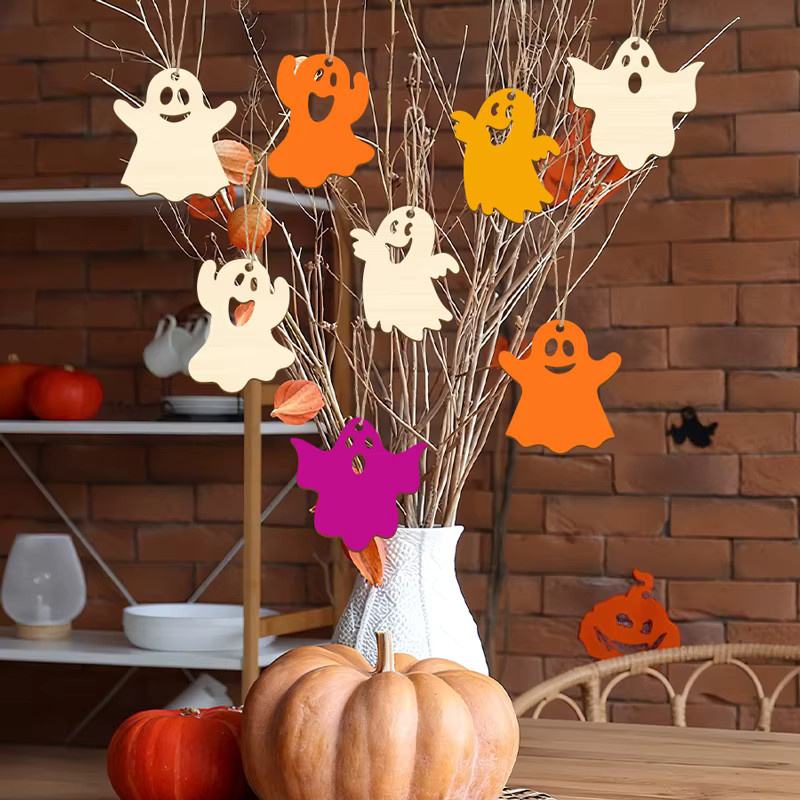 20 Stück YOMDID Halloween Holzgeist als unfertige Holzfiguren mit Schnur für DIY-Malerei und Hängedekoration - Bild 4
