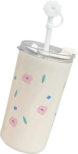 KONNWEI Doppelwandiger Edelstahl Reisebecher mit Strohhalmdeckel, isolierter Wasserbecher und Kaffeetasse, Farbe: Weiß - Bild 1