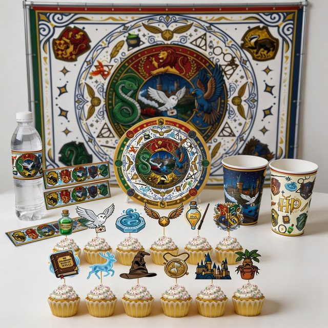 Warner Bros. Magic Academy Themenparty-Zubehör Set mit Einweggeschirr, Papptellern, Bechern und Spiral-Hintergrund in Multicolour - Bild 1