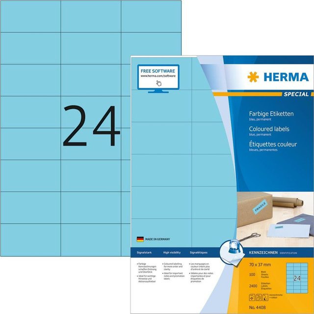 HERMA SuperPrint Selbstklebende Etiketten Blau, B: 70 mm, H: 37 mm, 100 Stück - Bild 1