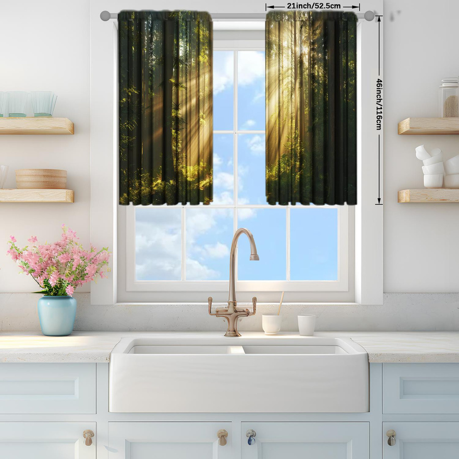 2er-Set halbtransparente Vorhänge mit Waldmotiv und Sonnenlicht von Household supplies MH, Mehrfarbig, B: 52,5 cm, H: 116 cm - Bild 4