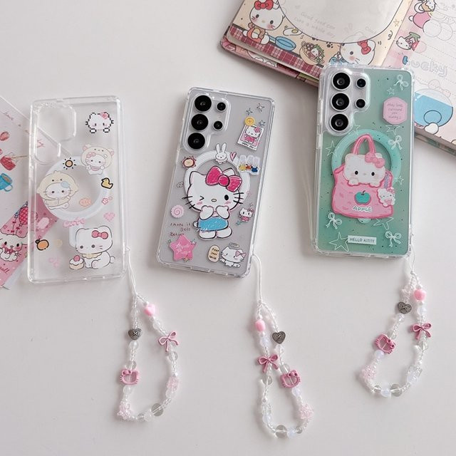 Hello Kitty Magnetische Handyhülle mit Cartoon-Graffiti-Design und Trageriemen für Samsung Galaxy S26 Ultra, S25, S24, S23 Plus und S23 FE, Farbe: Transparent - Bild 1
