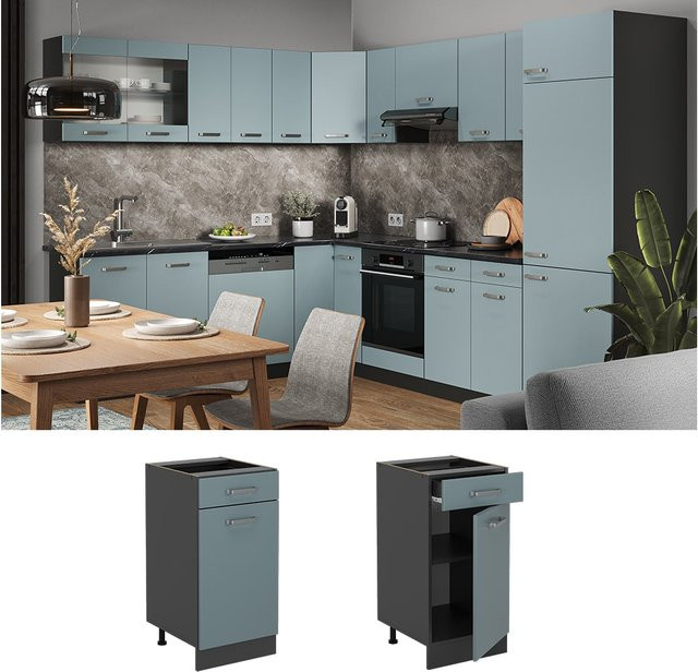 Vicco Küchenunterschrank R-Line Schubladenschrank in Blau-Grau mit Anthrazit Korpus Breite: 40 cm, Tiefe: 40 cm, Höhe: 81,6 cm - Bild 1