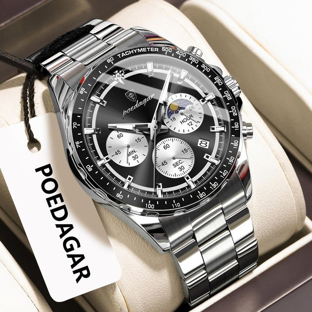 POEDAGAR Armbanduhr Chronograph, Quarz, Edelstahl, Schwarz, Herren - Bild 1