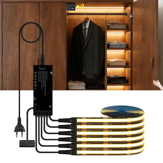 CHNAITEKE LED COB Streifenlicht Set mit Türsensor und Stromversorgung, Warmweiß, Schwarz, 12V für Küchenschränke und Möbel - Bild 1