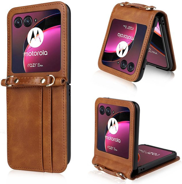 Lederhülle für Motorola Razr 70 Ultra, Razr 40 Plus, Portemonnaie-Hülle mit Kartenhalter und Lanyard in Braun - Bild 1
