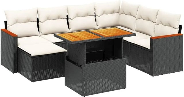vidaXL 8-teilige Garten-Sofagarnitur in L-Form aus schwarzem Poly-Rattan mit Kissen und pulverbeschichtetem Stahlgestell - Bild 1
