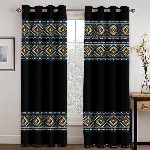 Halbverdunkelnde Vorhänge im äthiopischen Bohemian-Stil von A Family Of Home Textiles, 2 Paneele, Schwarz, Breite: 50 cm, Höhe: 50 cm pro Paneel - Bild 1