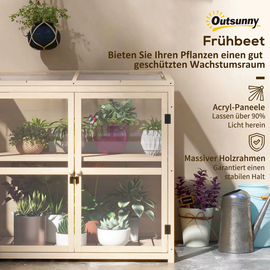 Outsunny 2-stufiges Frühbeet aus Holz mit Dachfenster und Doppeltür in Natur und Beige, H x B x T: 103 x 103 x 61 cm - Bild 2
