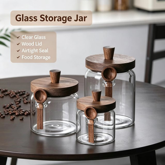 Luftdichter Lebensmittelaufbewahrungsbehälter aus Glas mit Holzdeckel, transparentes Vorratsglas für Zucker, Kaffee oder Süßigkeiten, 0,4 l - Bild 1