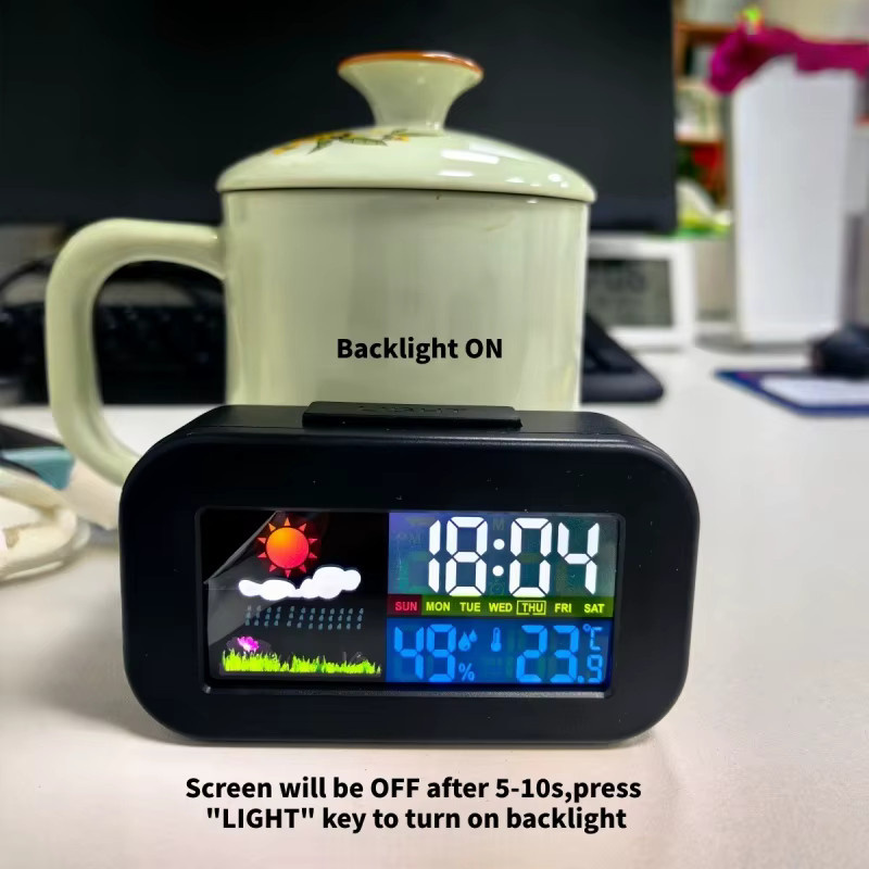 NieNie Digitaler Mini Wettervorhersage Wecker mit LED-Anzeige und Hintergrundbeleuchtung in Schwarz - Bild 5