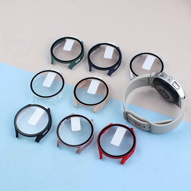 PEO Displayschutz für Samsung Galaxy Watch 7/6/5/4 und FE, Vollstoßstangen-Schutz aus gehärtetem Glas und PC-Gehäuse, Schwarz - Bild 1