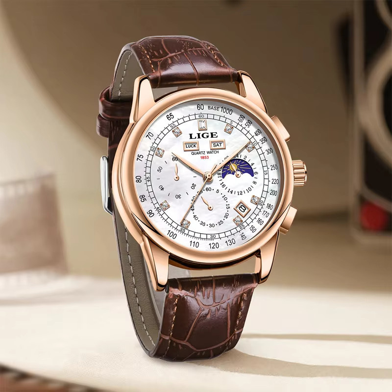 LIGE Chronograph Herrenuhr, Quarz, Leder, Roségold, Weiß - Bild 2