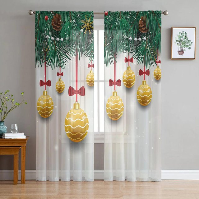 Transparenter Tüll-Vorhang mit goldenen Weihnachtskugeln in Schwarz, B: 135 cm, H: 115 cm - Bild 1