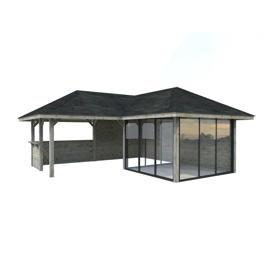 PALMAKO Pavillon Bianca Set 210 Slide aus Fichtenholz in Grau mit Alu-Schiebetüren und Eck-Tresenanlage, B/T/H: 588 x 588 x 319 cm - Bild 3
