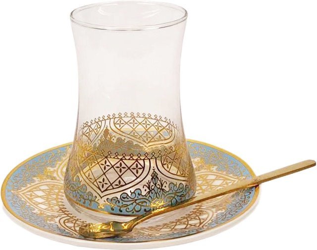 Exquisites türkisches Teeglas-Set mit Untertassen und Löffeln in Blau und Gold, dekorative Glastassen für Tee und Kaffee - Bild 1