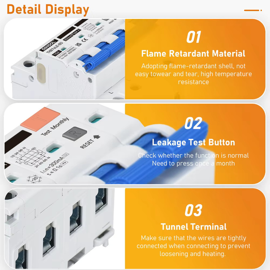 DIHOOL Typ A RCD RCBO Fehlerstrom-Schutzschalter 300mA 4P 3P-N für dreiphasige Vierleiter-Systeme - Bild 5