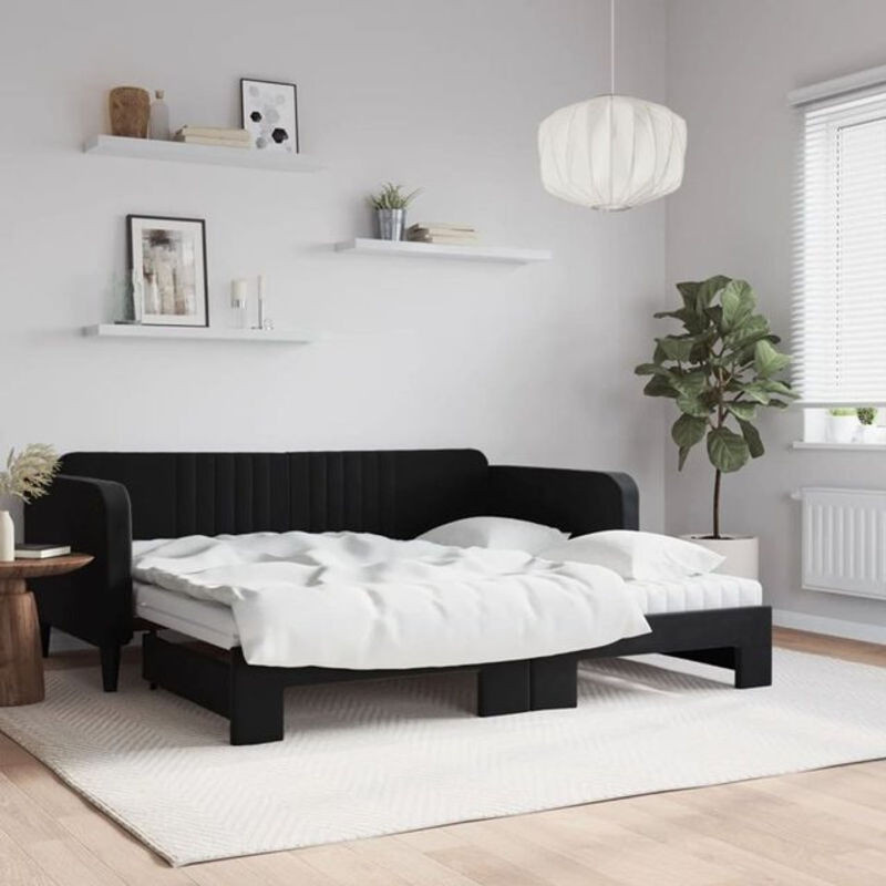 Vidaxl Funktionsbett aus Samt und Holz in Schwarz mit Matratze, ausziehbares Tagesbett, B/T: 90 x 190 cm - Bild 1