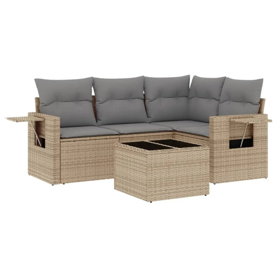 vidaXL 5-tlg. Garten-Sofagarnitur in L-Form aus Poly-Rattan mit Kissen in Beige-Grau - Bild 2