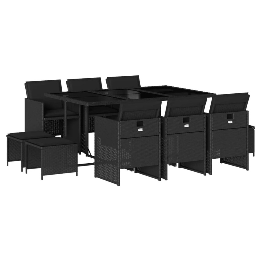 vidaXL 11-tlg Garten-Essgruppe aus schwarzem PE-Rattan mit Kissen und Hartglas-Tischplatte - Bild 2