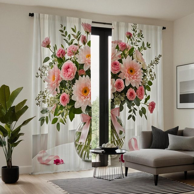 2er-Set dekorative Vorhänge mit Rosenstrauß und pinker Schleife, digital bedruckt, Farbe: Weiß, B: 132 cm, H: 160 cm - Bild 1