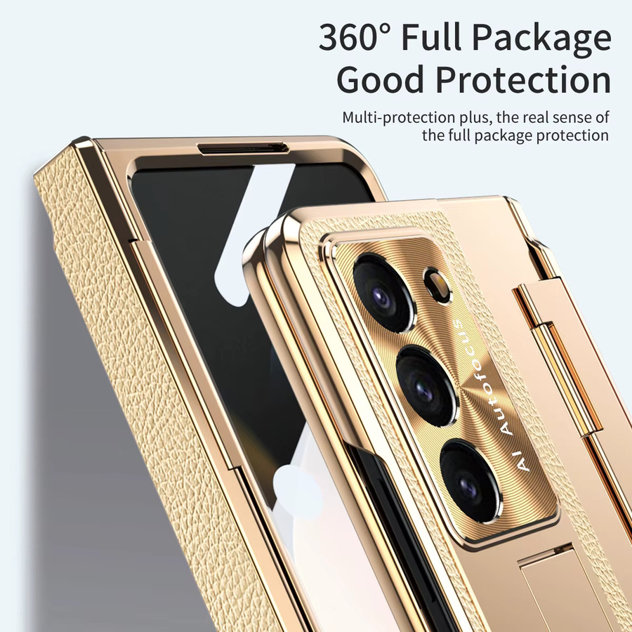 Samsung Galaxy Z Fold 7 6 5 4 3 Schutzhülle aus PU-Leder mit Glasfolie, Stiftschlitz und Stiftständer in Gold - Bild 2