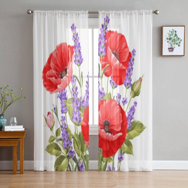 Super Six Lavendel- und Mohnblumen-Tüllvorhang in Rot, floraler Organza-Voile für Wohnzimmer und Schlafzimmer, Breite: 135 cm, Höhe: 114 cm - Bild 1